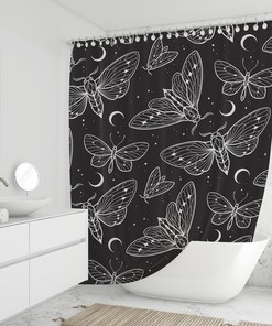 Moths And Butterflies Shower Curtain With Grunge Aesthetic And Vintage Print 