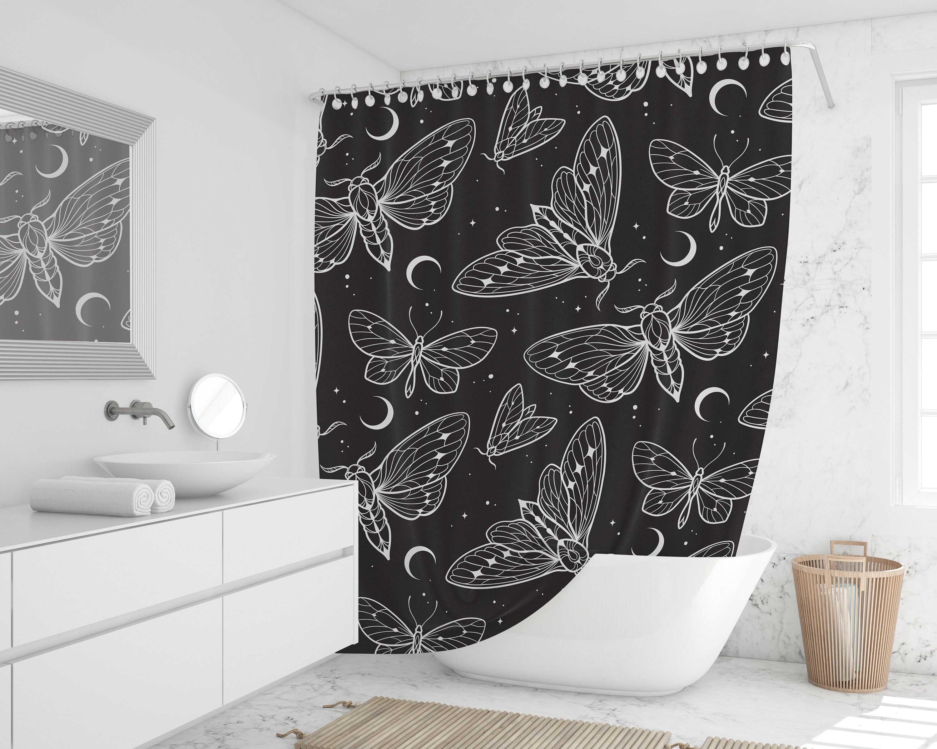 Moths And Butterflies Shower Curtain With Grunge Aesthetic And Vintage Print