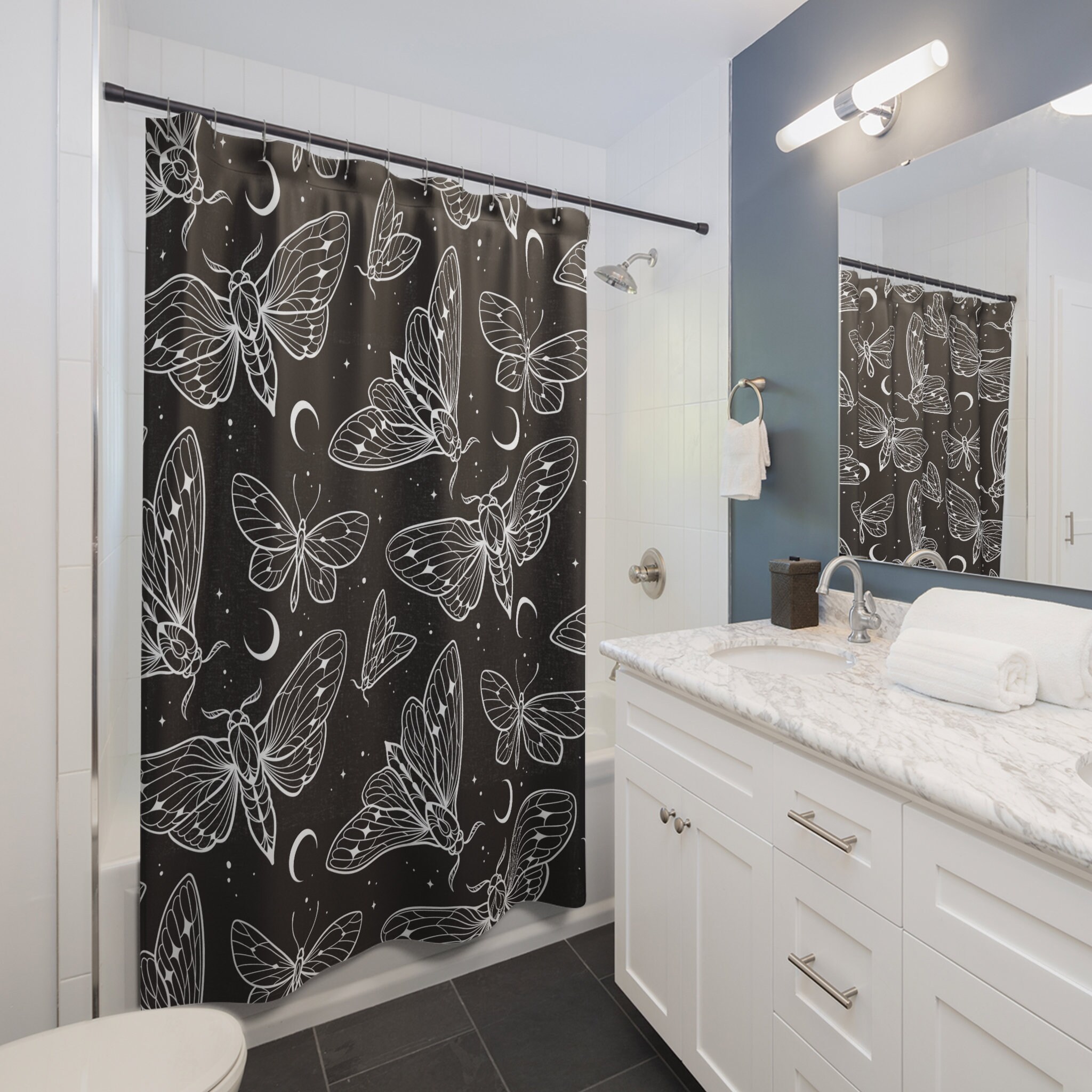 Moths And Butterflies Shower Curtain With Grunge Aesthetic And Vintage Print