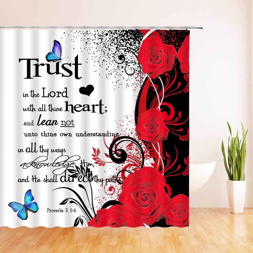 Motivational Inspirational Quote Shower Curtain with Rustic Red Rose Print