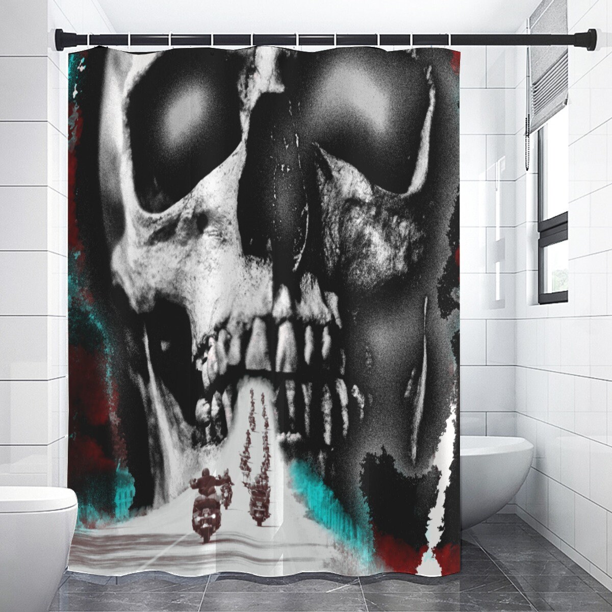 Motorcycle Skull Shower Curtain with Unique Skull and Motorcycle Print for Biker Bathroom Decor