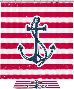 Mottled Red White Anchor Waterproof Full Size Shower Curtain for Nautical Bathroom Decor