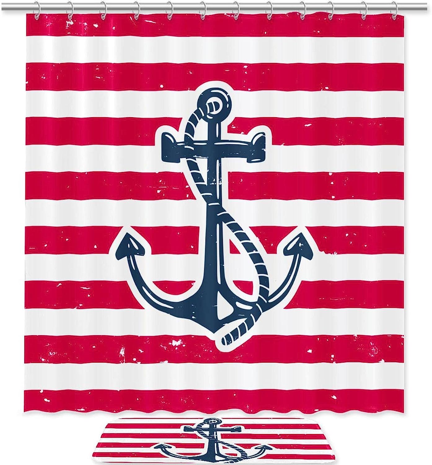 Mottled Red White Anchor Waterproof Full Size Shower Curtain for Nautical Bathroom Decor