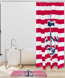 Mottled Red White Anchor Waterproof Full Size Shower Curtain for Nautical Bathroom Decor