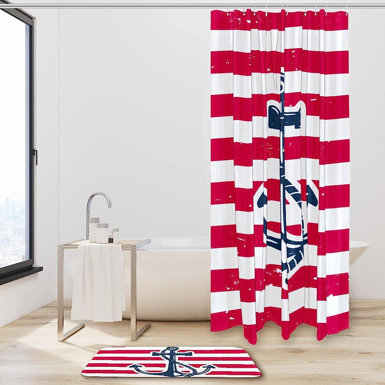 Mottled Red White Anchor Waterproof Full Size Shower Curtain for Nautical Bathroom Decor
