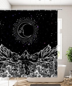 Mountain And Celestial Bodies Shower Curtain For Natural Landscape Bathroom Decor