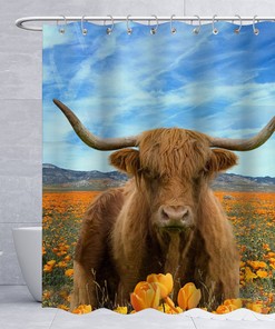 Mountain And Flower Highland Cow Western Wildlife Animal Printed Shower Curtain