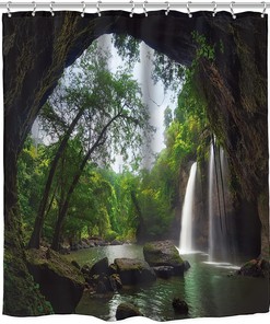 Mountain Cave Scenic Waterfall - Nature Landscape Shower Curtain By Ambzek