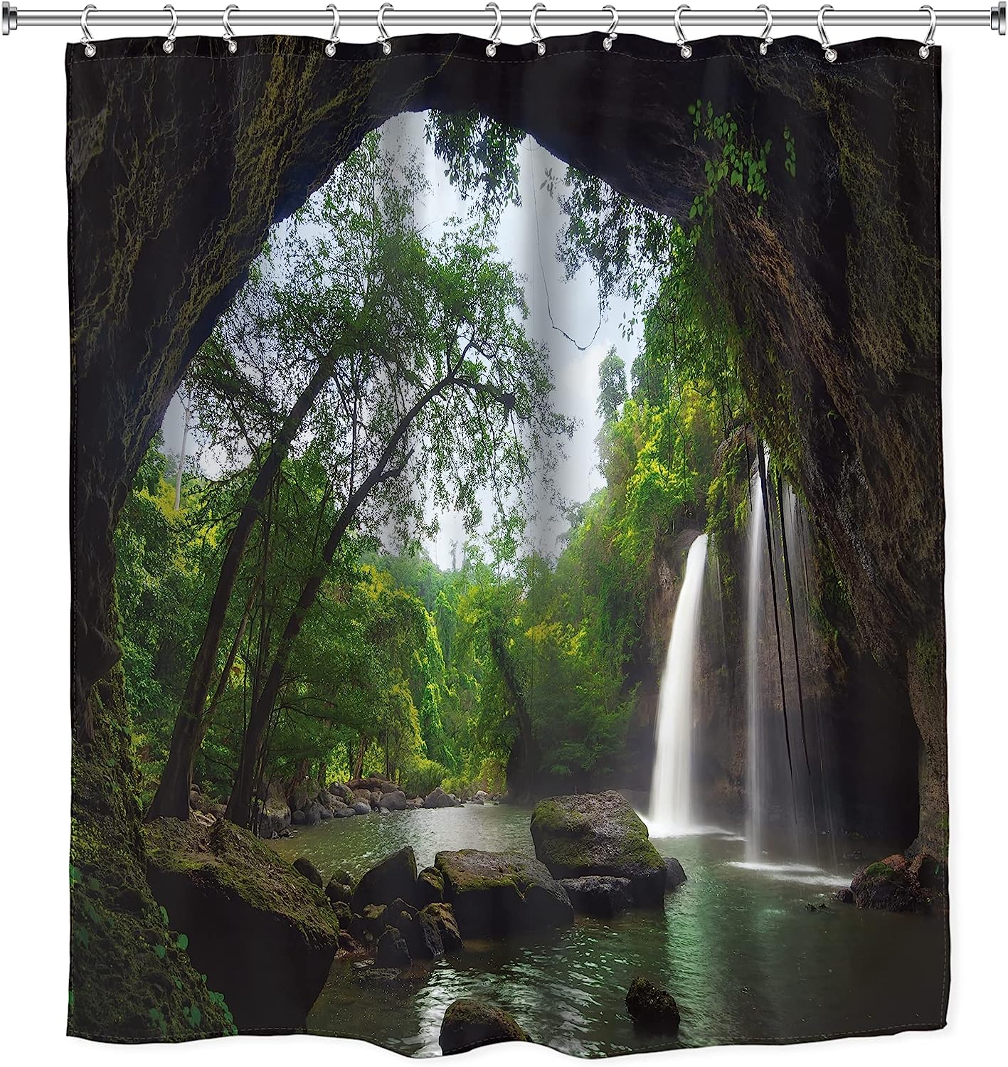 Mountain Cave Scenic Waterfall - Nature Landscape Shower Curtain By Ambzek