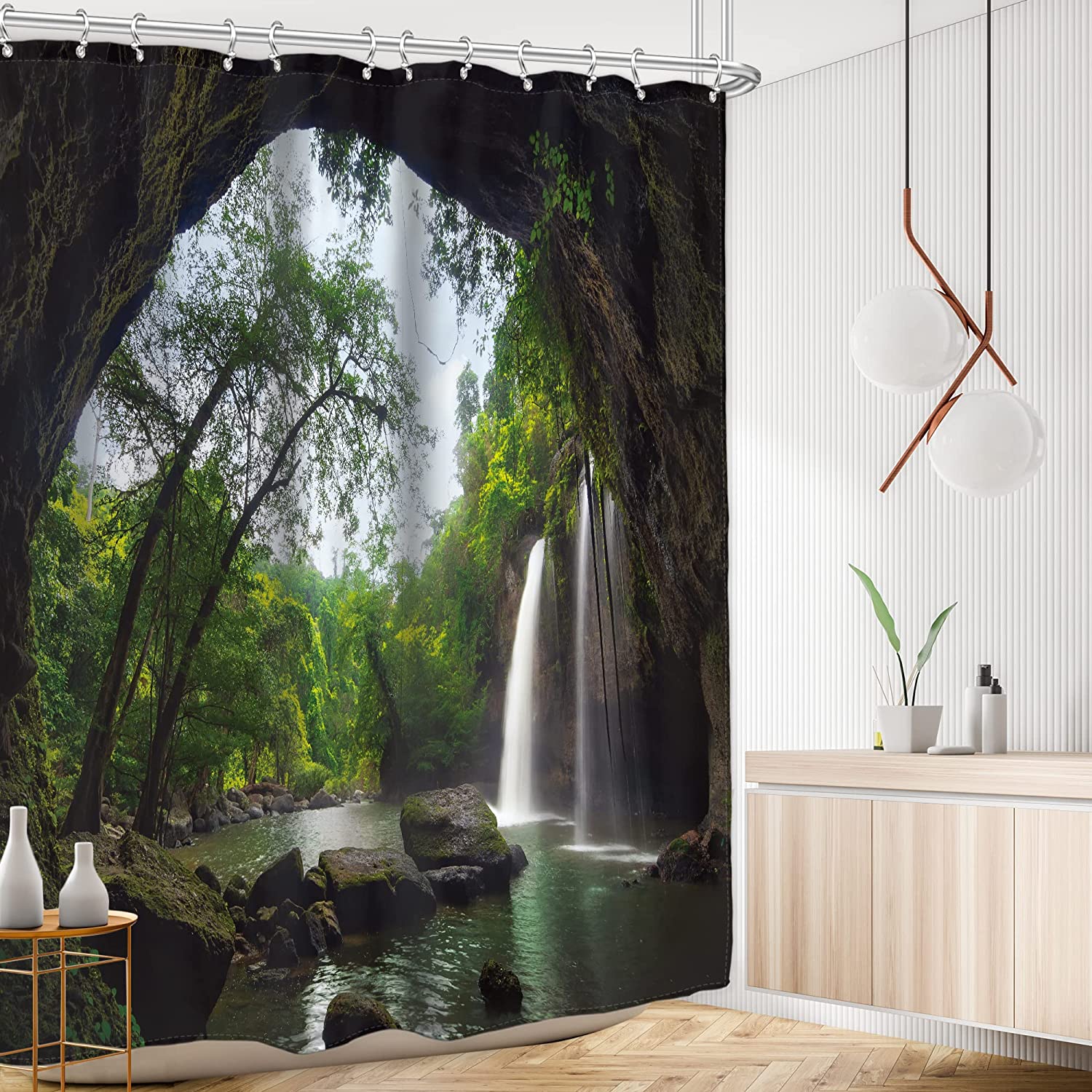Mountain Cave Scenic Waterfall - Nature Landscape Shower Curtain By Ambzek - Image 2