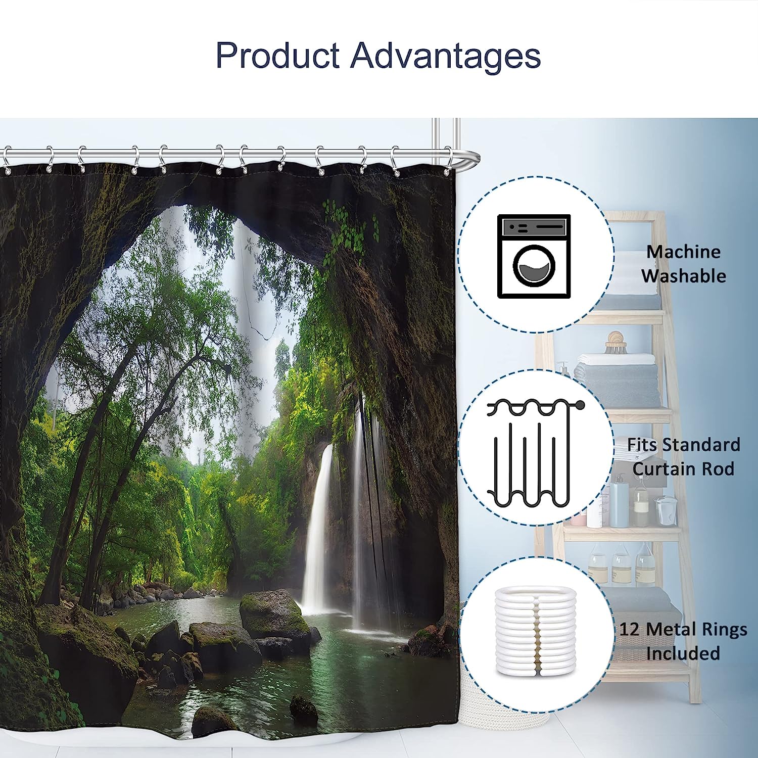 Mountain Cave Scenic Waterfall - Nature Landscape Shower Curtain By Ambzek - Image 3