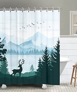 Mountain Deer Shower Curtain with Nature and Forest Elements, Neutral Bathroom Decor