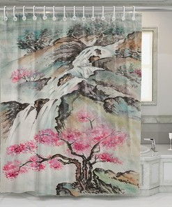 Mountain Landscape Cherry Blossoms Waterfall Shower Curtain - Waterproof Bath Decor