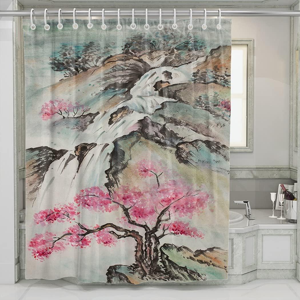 Mountain Landscape Cherry Blossoms Waterfall Shower Curtain - Waterproof Bath Decor
