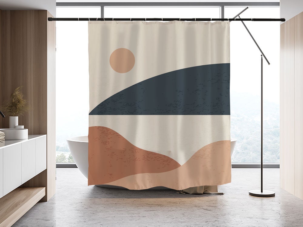 Mountain Landscape Shower Curtain With Abstract Sun And Nature Design For Outdoor Lovers' Bathroom Decor - Image 2