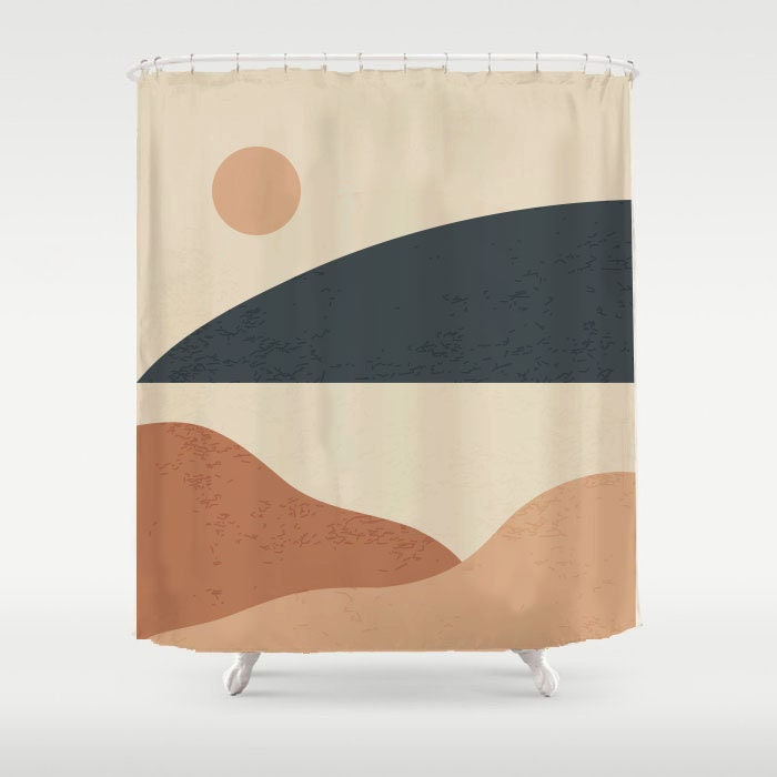 Mountain Landscape Shower Curtain With Abstract Sun And Nature Design For Outdoor Lovers' Bathroom Decor - Image 4