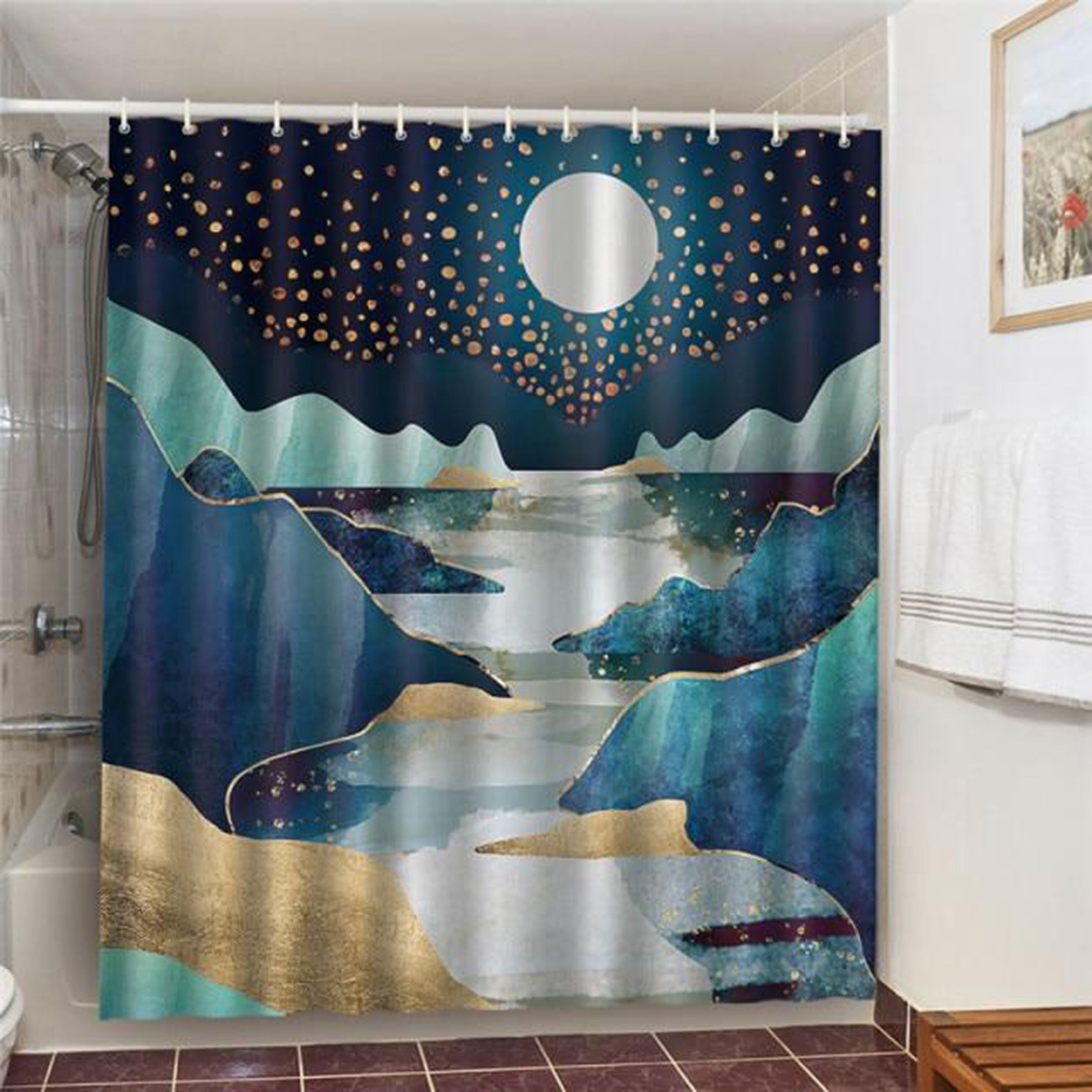 Mountain Landscape Shower Curtain with Starry Night Theme