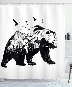 Mountain Landscape Wildlife Silhouette Shower Curtain In Black And White