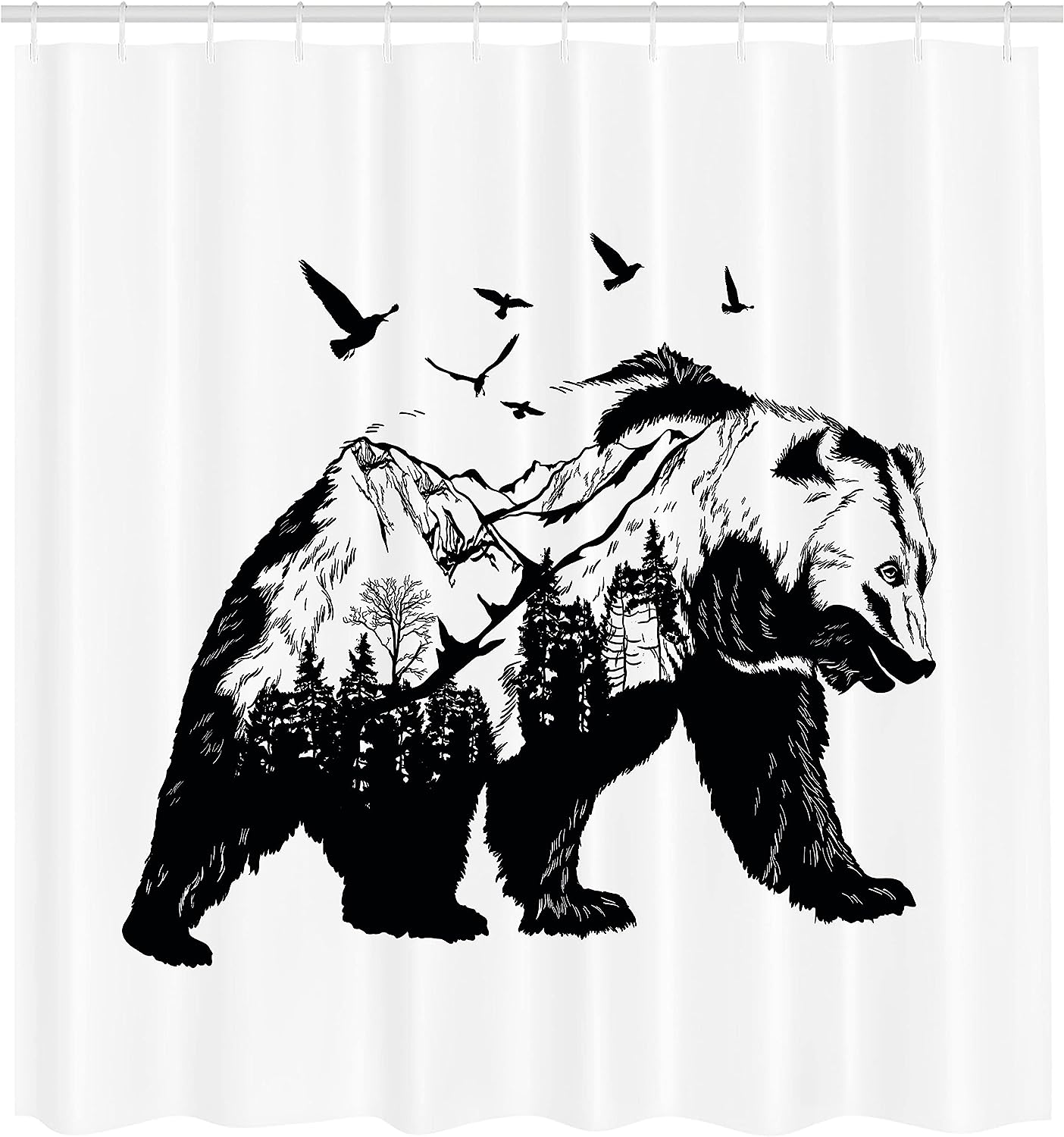 Mountain Landscape Wildlife Silhouette Shower Curtain In Black And White - Image 2