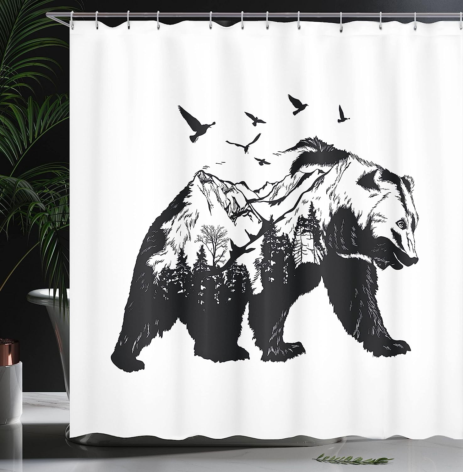 Mountain Landscape Wildlife Silhouette Shower Curtain In Black And White - Image 3