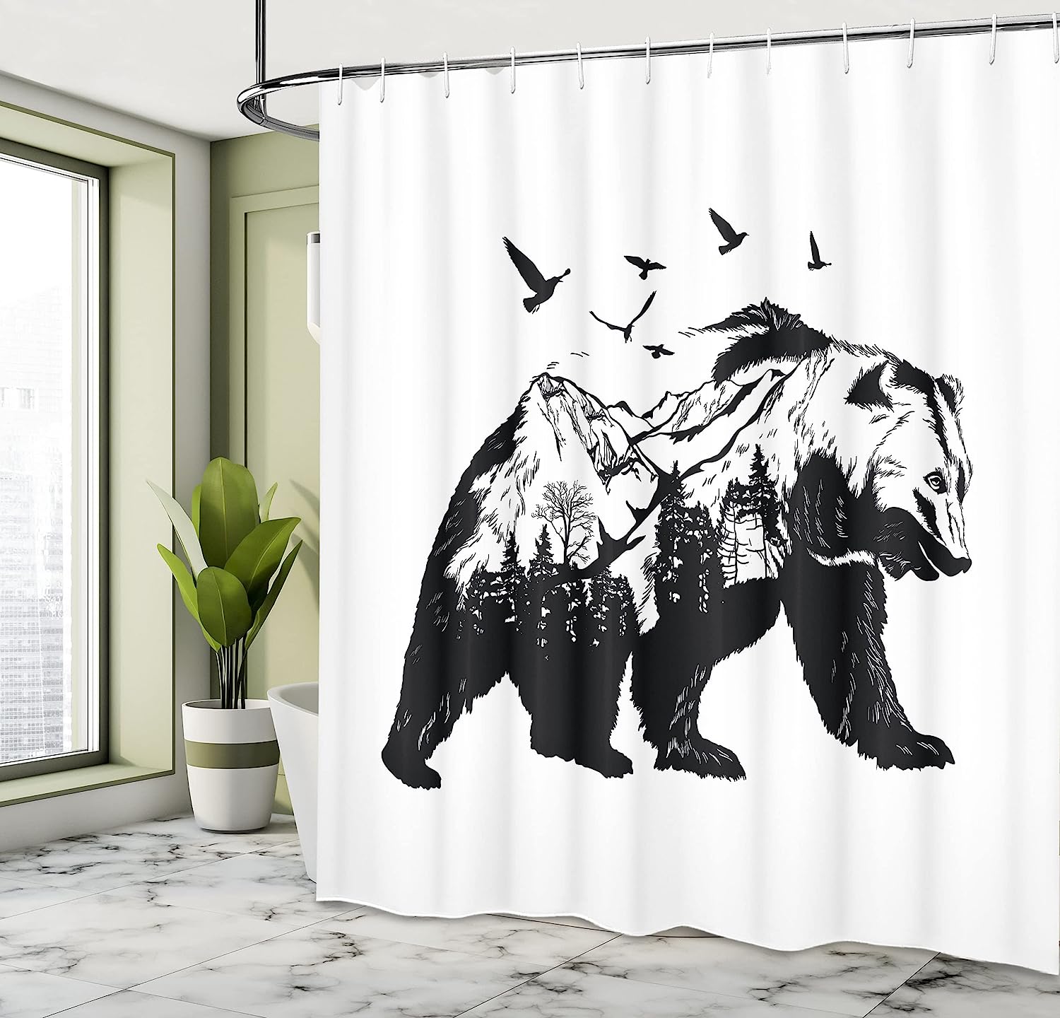 Mountain Landscape Wildlife Silhouette Shower Curtain In Black And White - Image 4