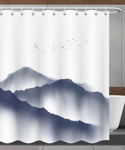 Mountain Peak Bird Pattern Shower Curtain - Bohemian Bathroom Decor