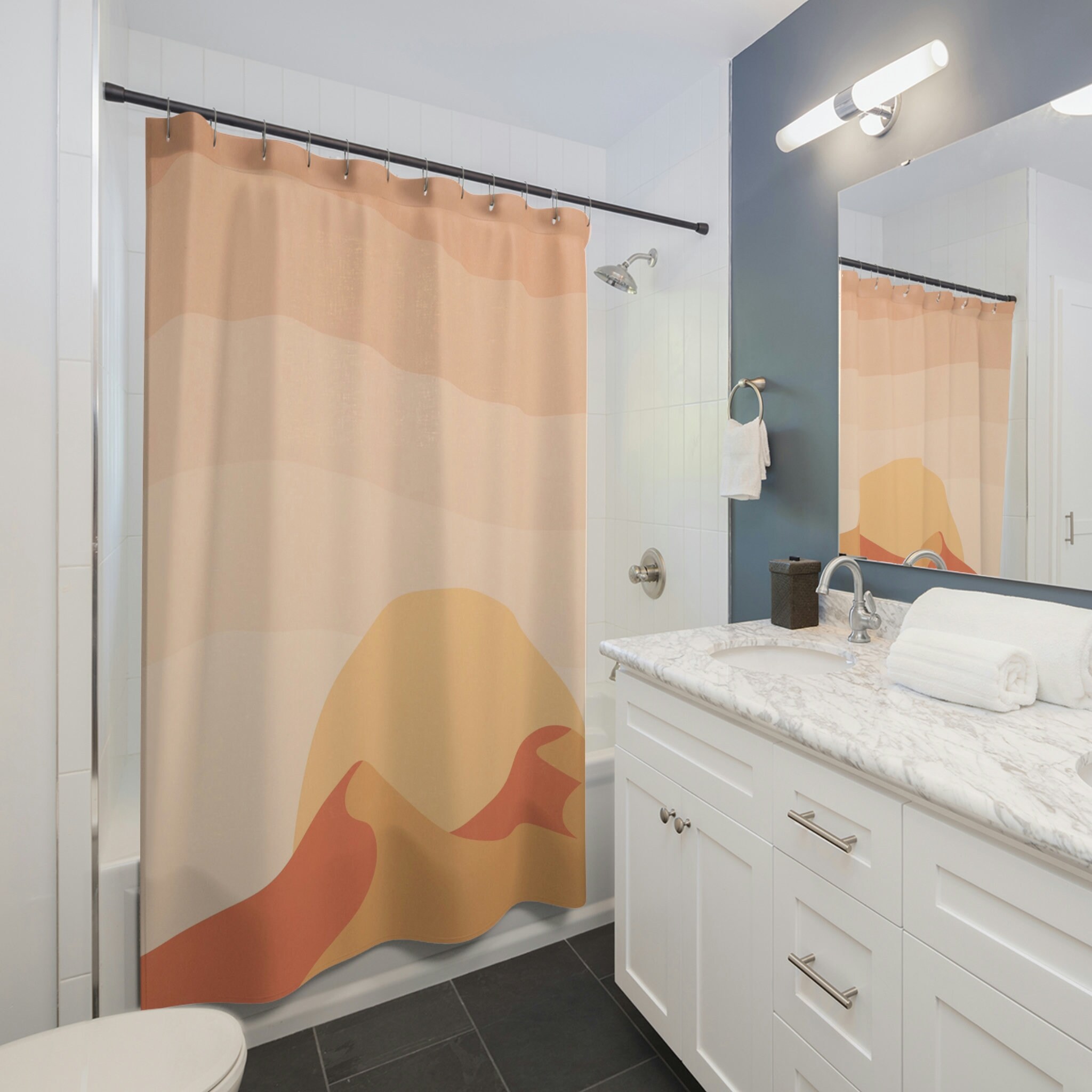 Mountain Sunrise Shower Curtain, Scenic Landscape Bathroom Decor, Unique Boho Style Design