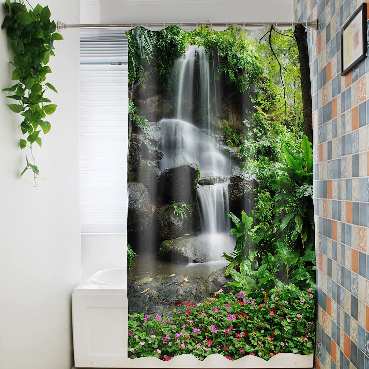 Mountain Waterfall Grommet Shower Curtain - Serene Bathroom Decor