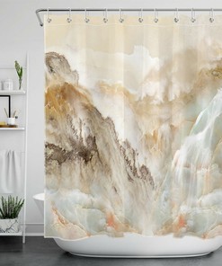 Mountain Waterfall Scenery Marble Texture Shower Curtain Bathroom Accessory