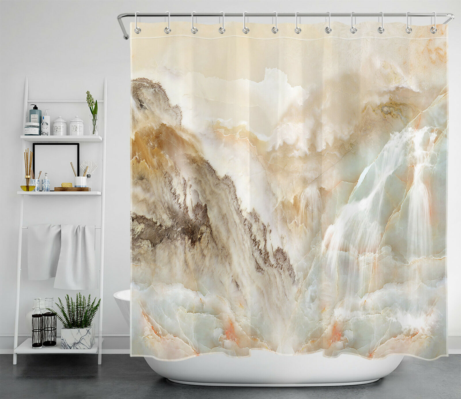 Mountain Waterfall Scenery Marble Texture Shower Curtain Bathroom Accessory