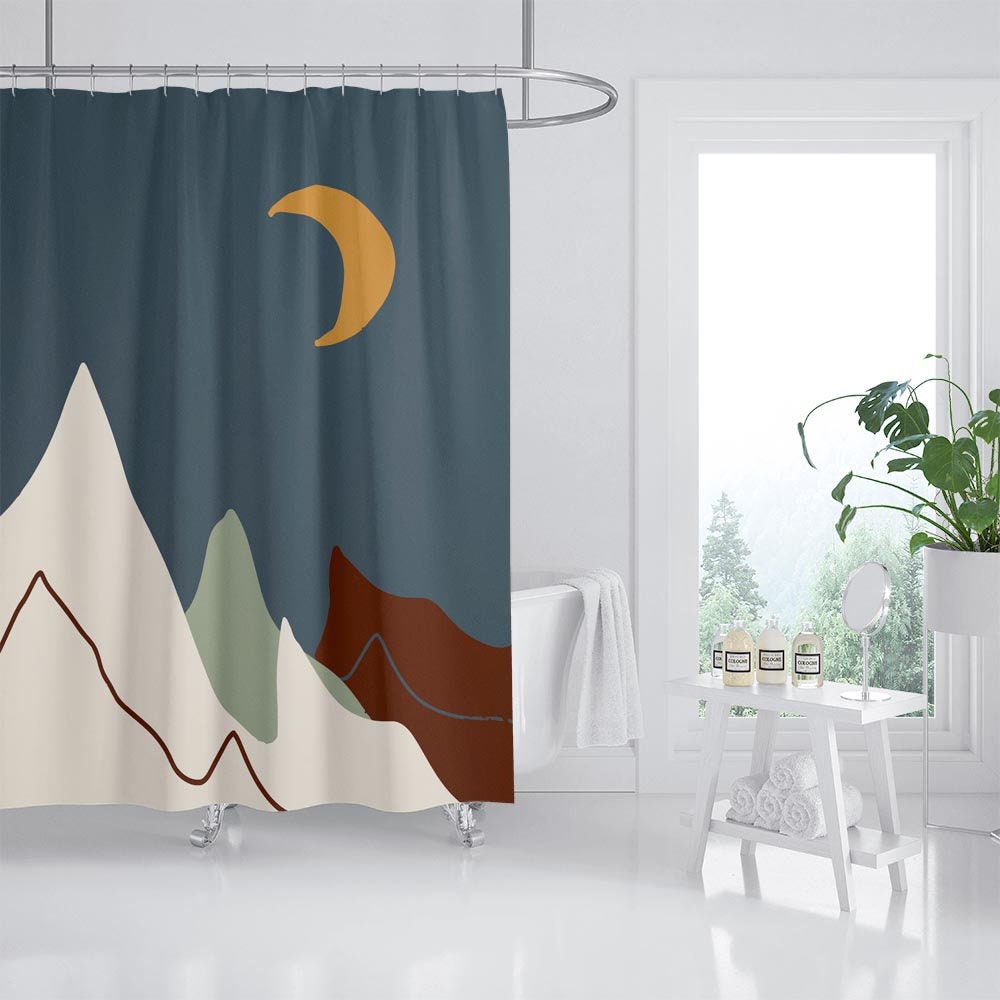 Mountain and Moon at Night Print Shower Curtain for Bathroom Decor with Nature Theme