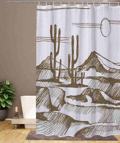 Mountains Cactus Desert Sunset Shower Curtain, Decorative Bathroom Curtain with Desert Theme and VISALUNA Keyword