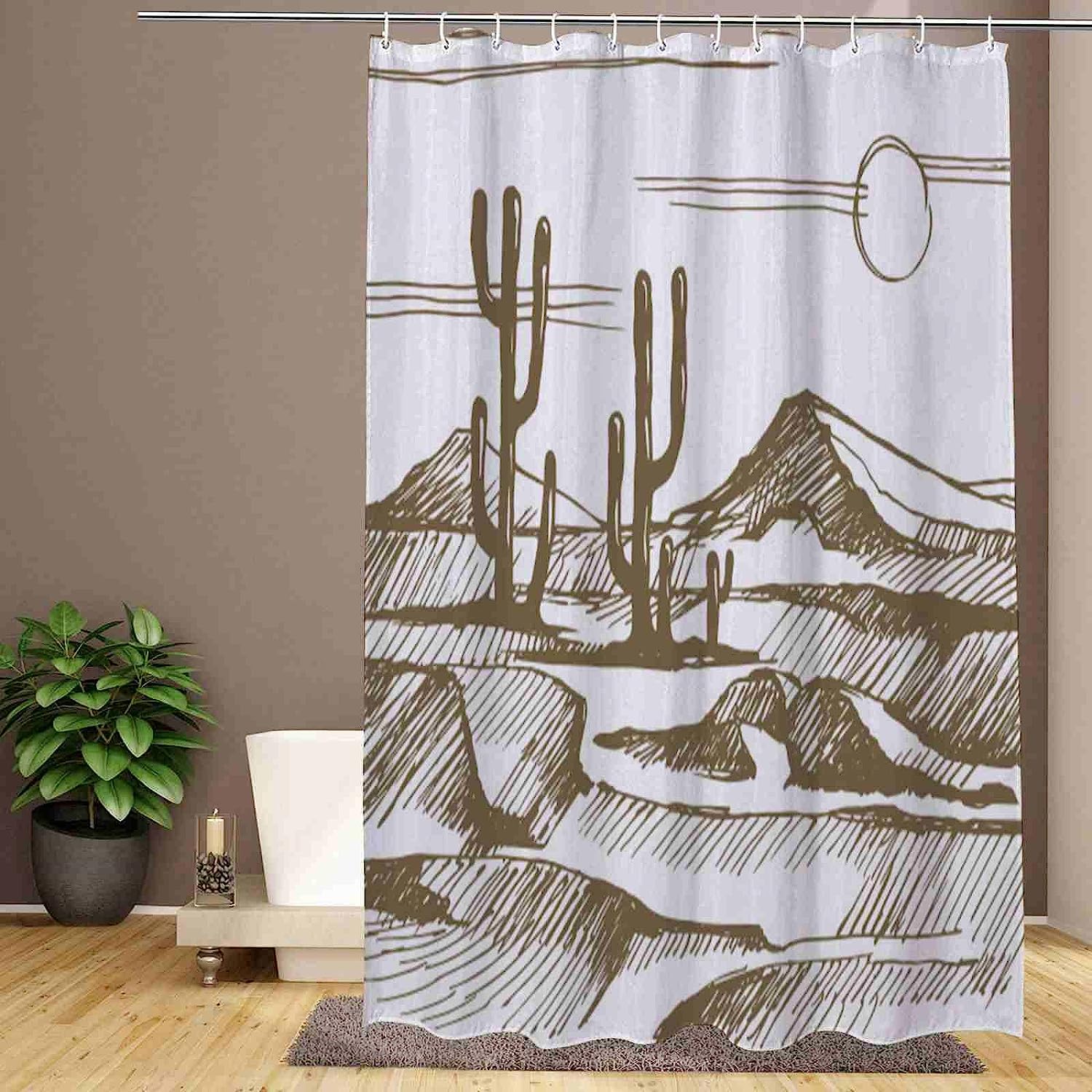 Mountains Cactus Desert Sunset Shower Curtain, Decorative Bathroom Curtain with Desert Theme and VISALUNA Keyword