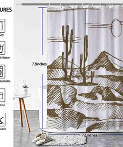 Mountains Cactus Desert Sunset Shower Curtain, Decorative Bathroom Curtain with Desert Theme and VISALUNA Keyword