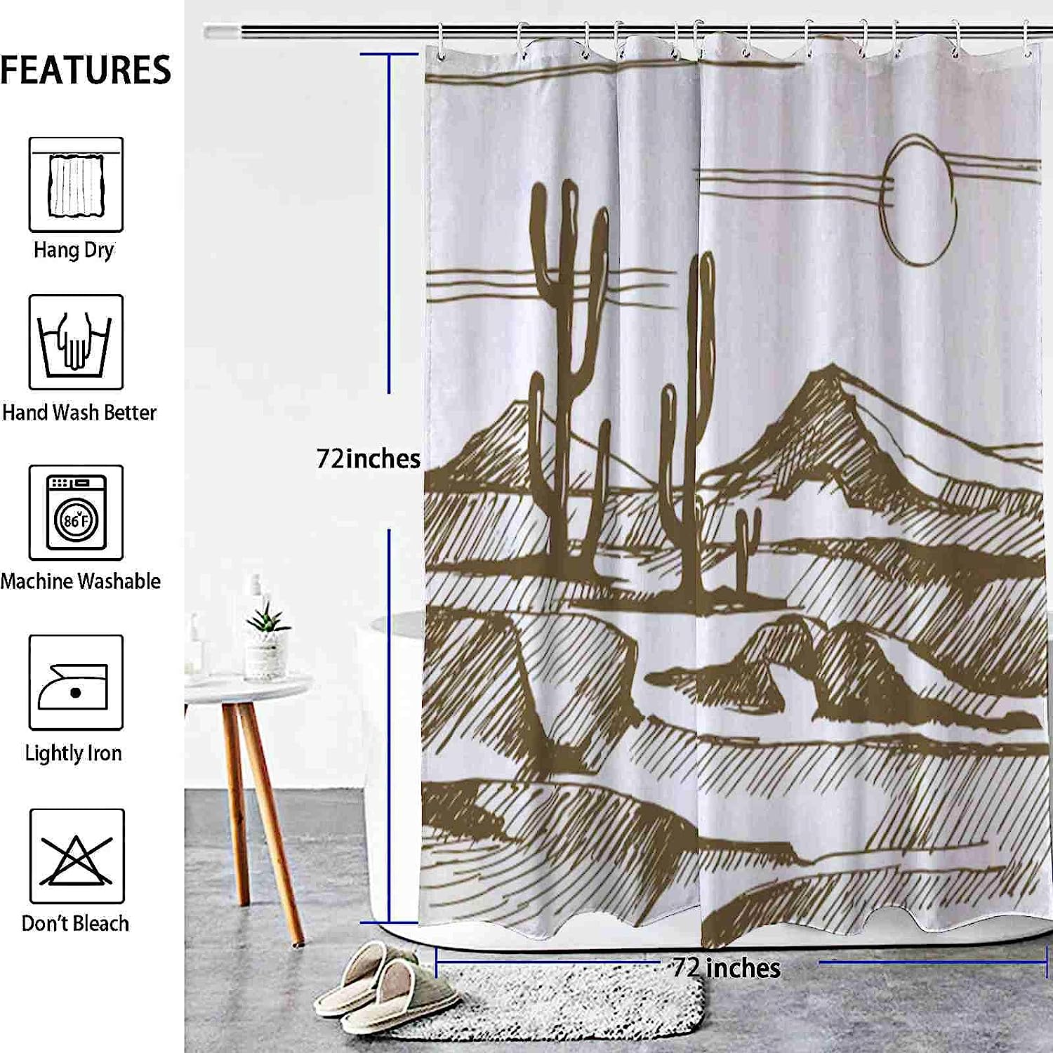 Mountains Cactus Desert Sunset Shower Curtain, Decorative Bathroom Curtain with Desert Theme and VISALUNA Keyword