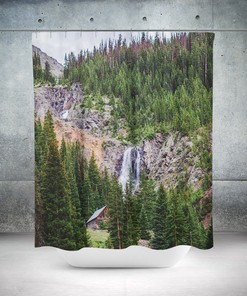 Mountainside Waterfall Shower Curtain Perfect for a Cabin Theme and Rustic Lodge Decor