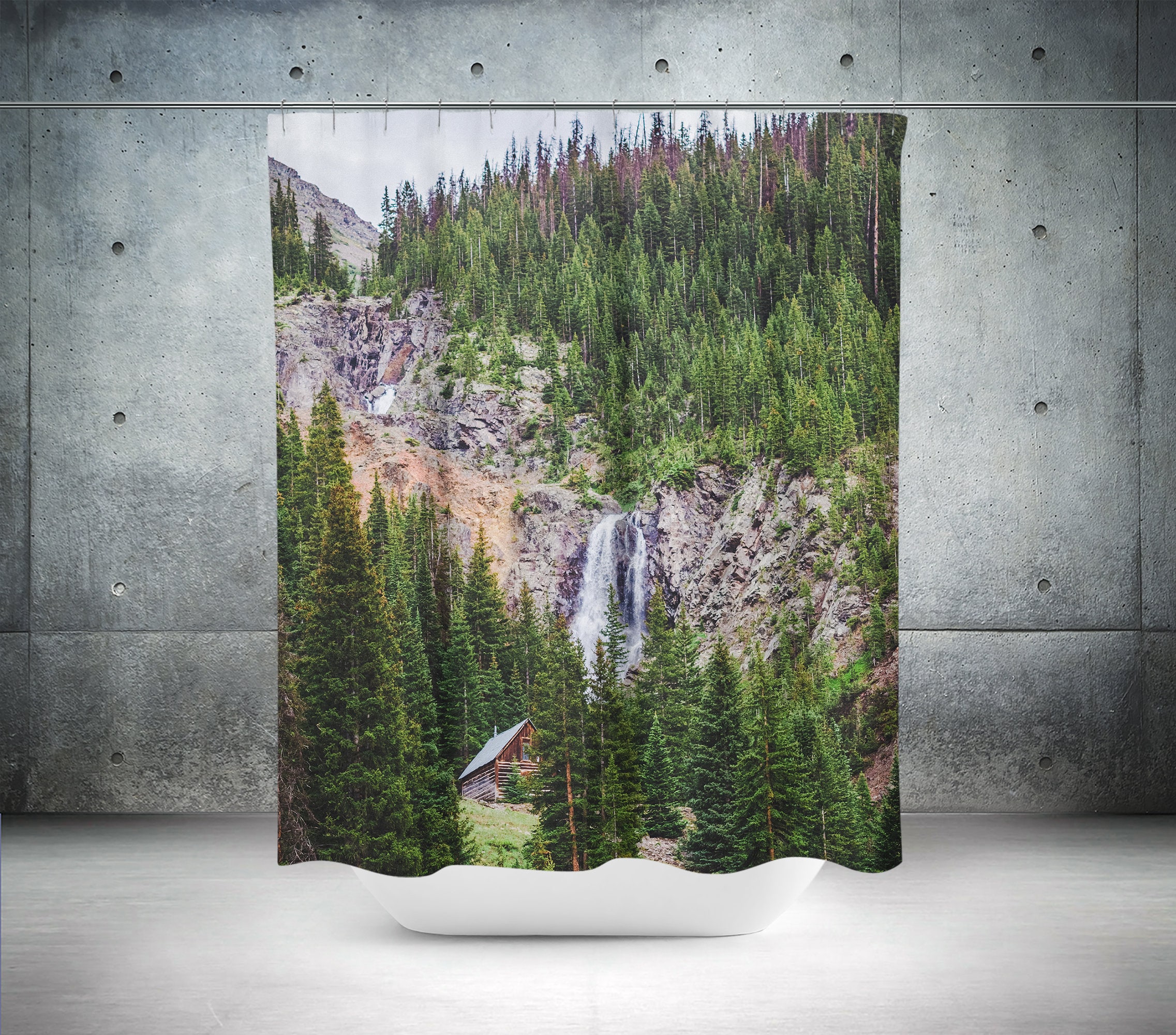 Mountainside Waterfall Shower Curtain Perfect for a Cabin Theme and Rustic Lodge Decor
