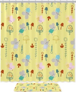 Mouse Mushroom Yellow Printed Bathroom Tub Set With Waterproof Fabric Shower Curtain
