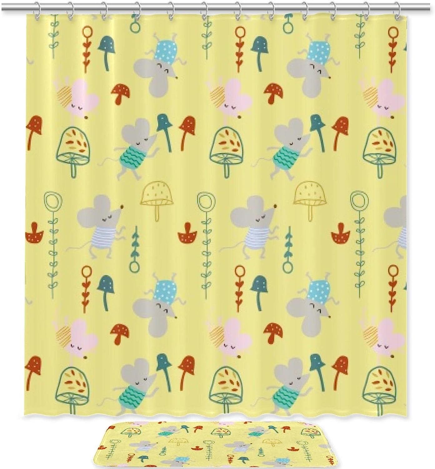 Mouse Mushroom Yellow Printed Bathroom Tub Set With Waterproof Fabric Shower Curtain