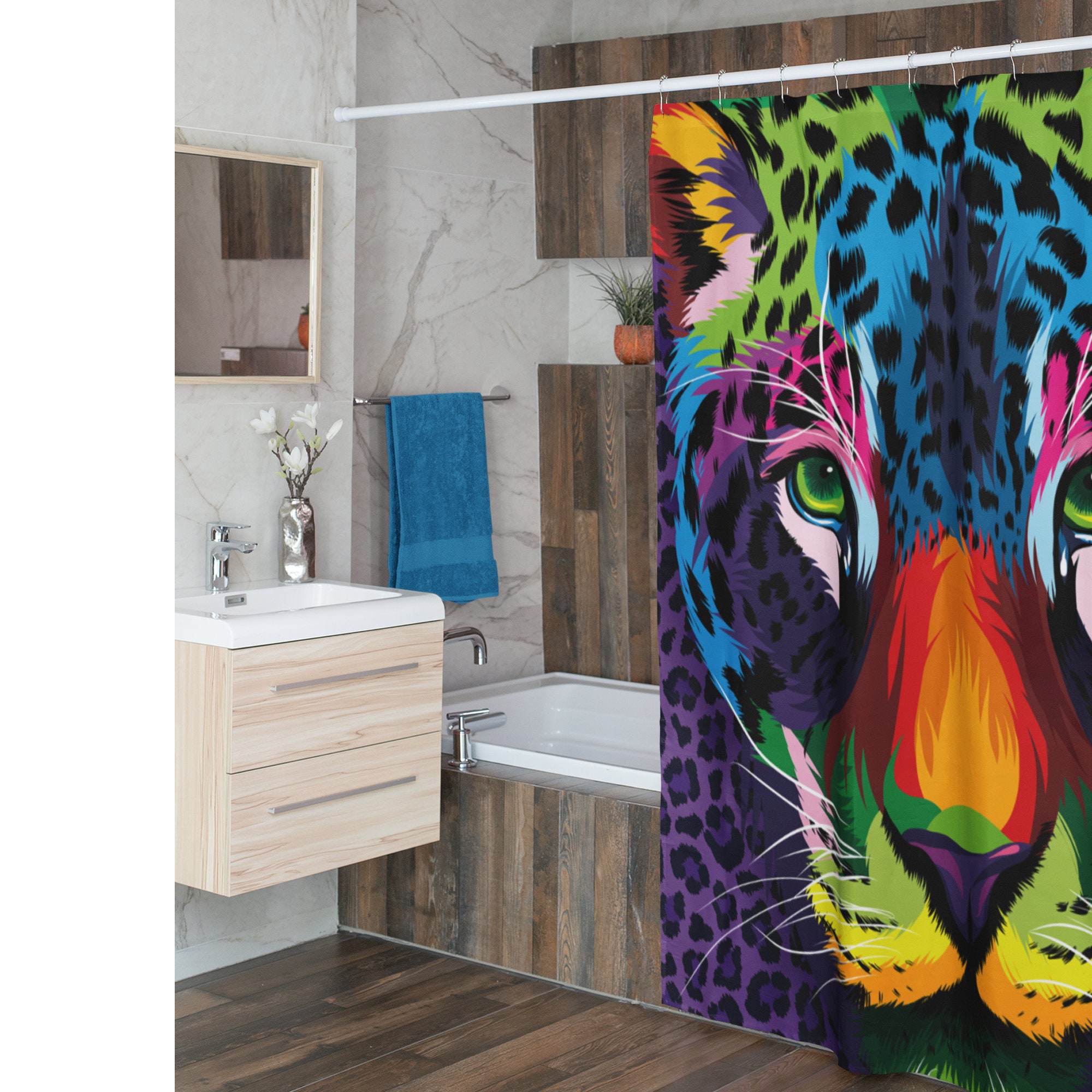 Multi-Color Animal Power Shower Curtain, Wild Bathroom Decor