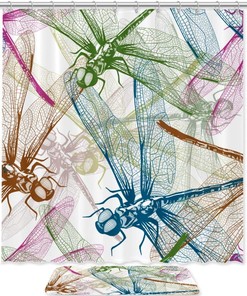 Multi-Colored Dragonflies Shower Curtain With A Contrasting Background