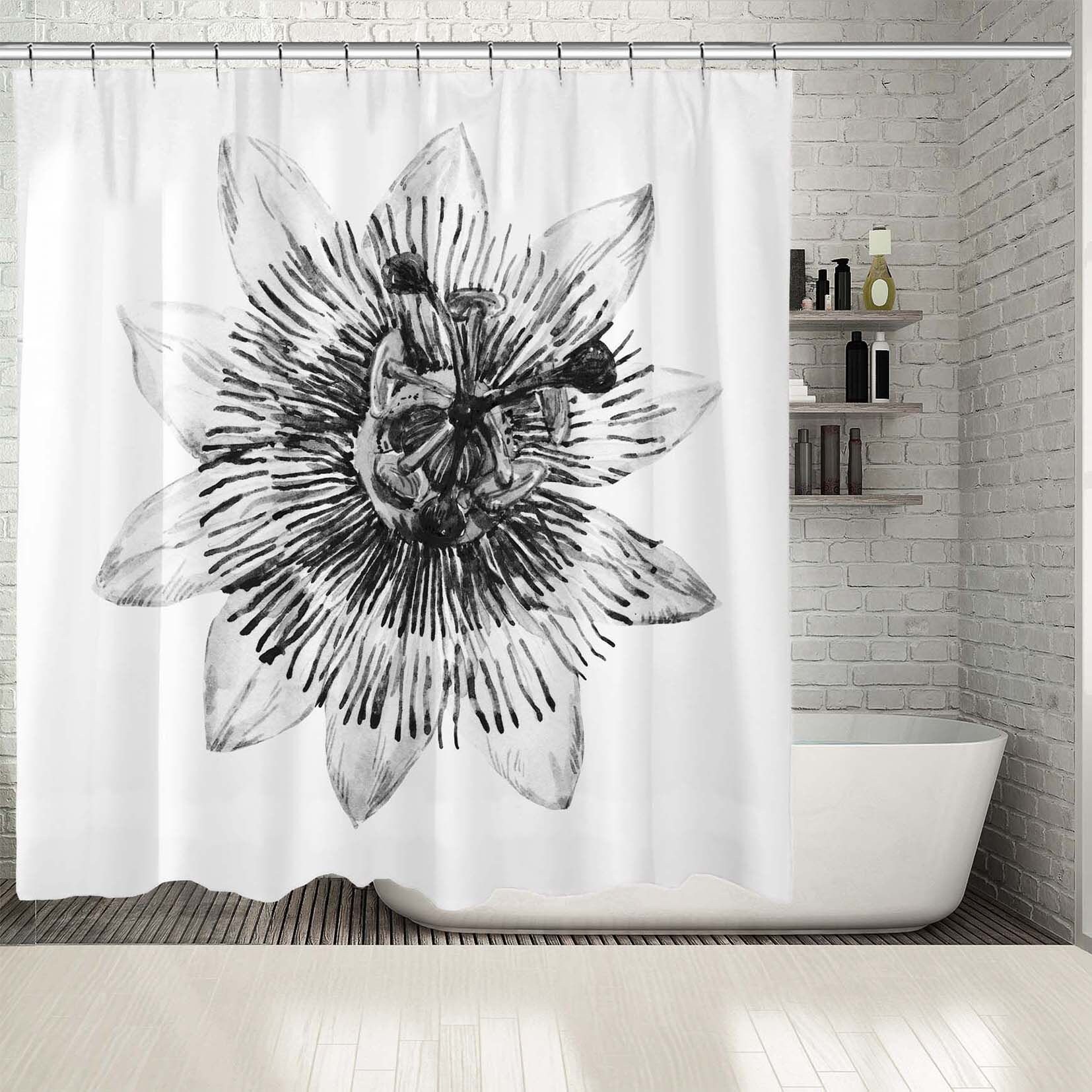 Multi-Size Flower Seed, Lily With Black And White Floral Prints On Waterproof Shower Curtain