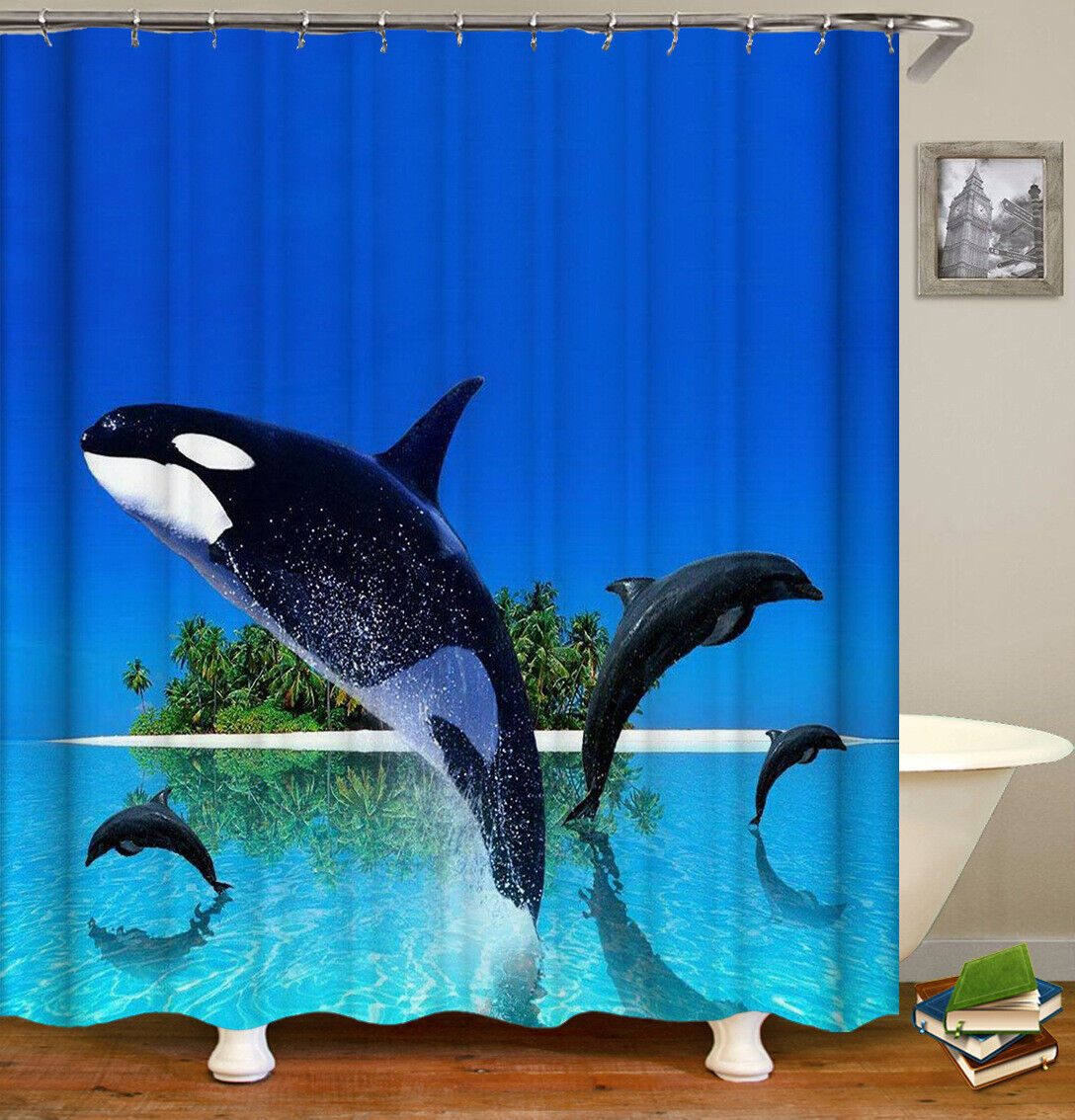 Multi-Size Killer Whale Dolphin Waterproof Shower Curtain