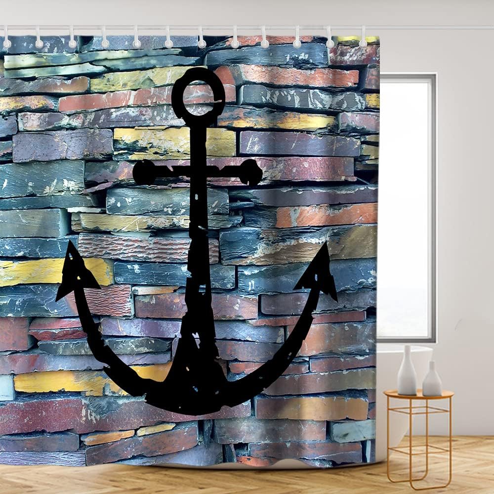 Multicolor Black Anchor Shower Curtain - Nautical Ocean Rustic Theme - Wall Background Bathroom Decor