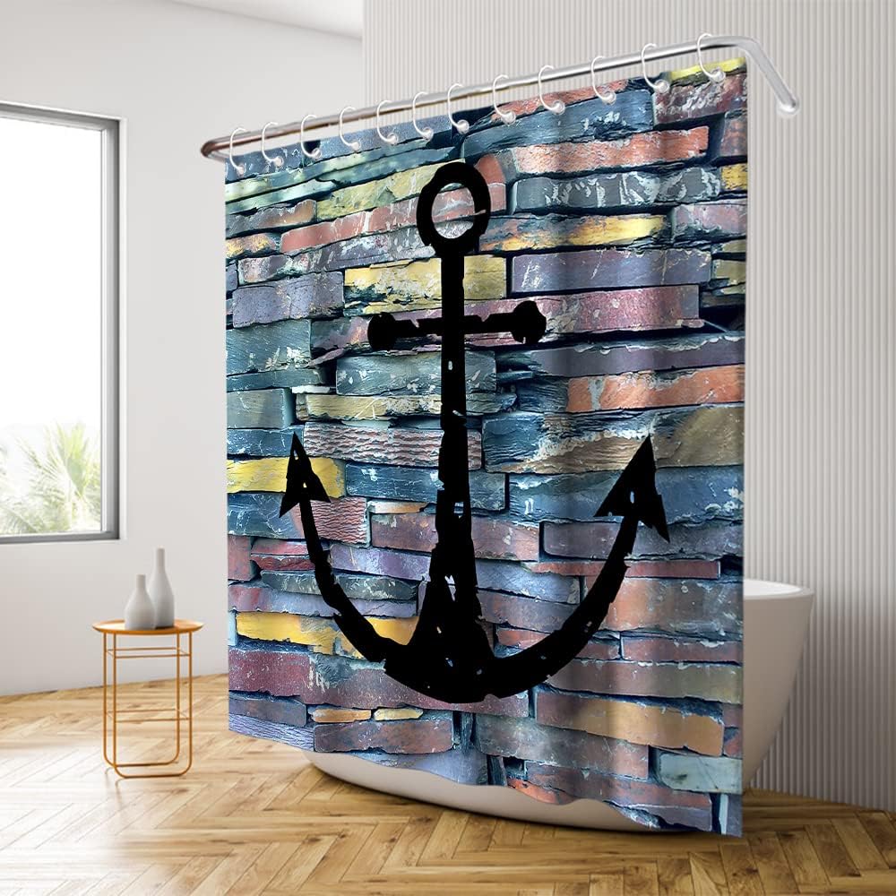 Multicolor Black Anchor Shower Curtain - Nautical Ocean Rustic Theme - Wall Background Bathroom Decor