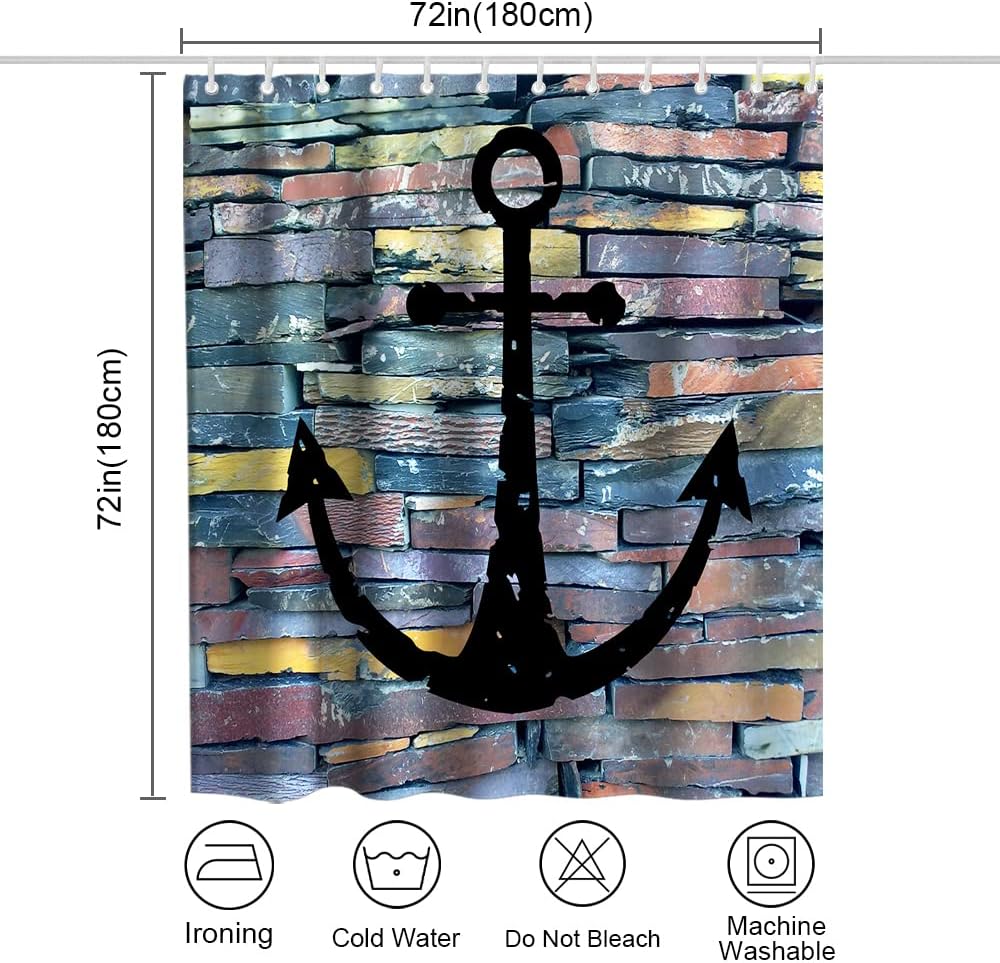 Multicolor Black Anchor Shower Curtain - Nautical Ocean Rustic Theme - Wall Background Bathroom Decor