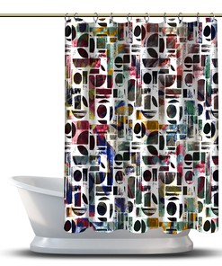 Multicolor Watercolor Geometric Shapes Shower Curtain, Modern Bathroom Decor With Abstract Art Print