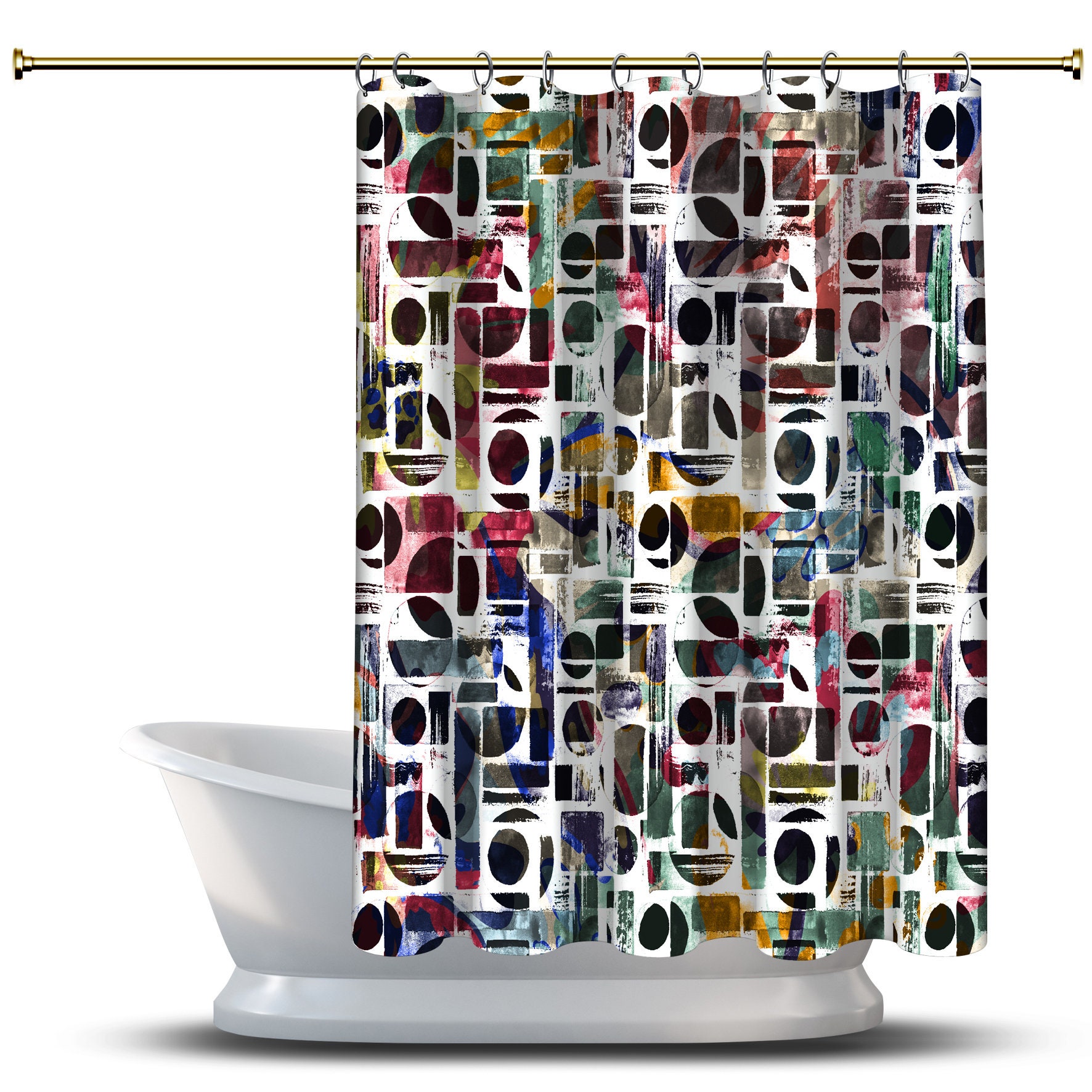 Multicolor Watercolor Geometric Shapes Shower Curtain, Modern Bathroom Decor With Abstract Art Print