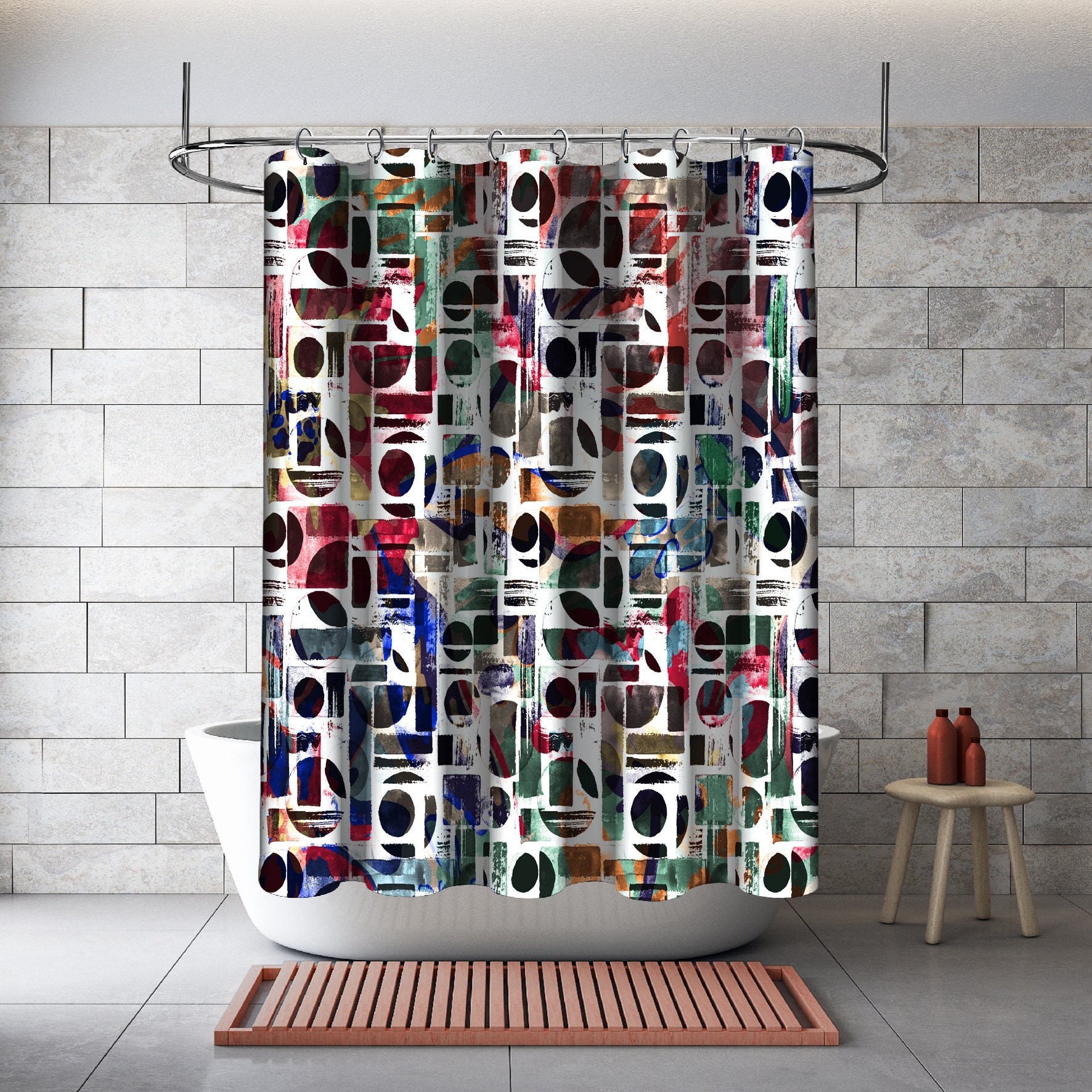 Multicolor Watercolor Geometric Shapes Shower Curtain, Modern Bathroom Decor With Abstract Art Print - Image 2