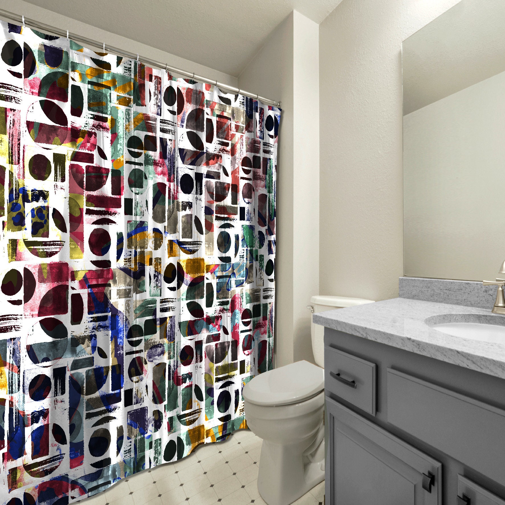 Multicolor Watercolor Geometric Shapes Shower Curtain, Modern Bathroom Decor With Abstract Art Print - Image 3